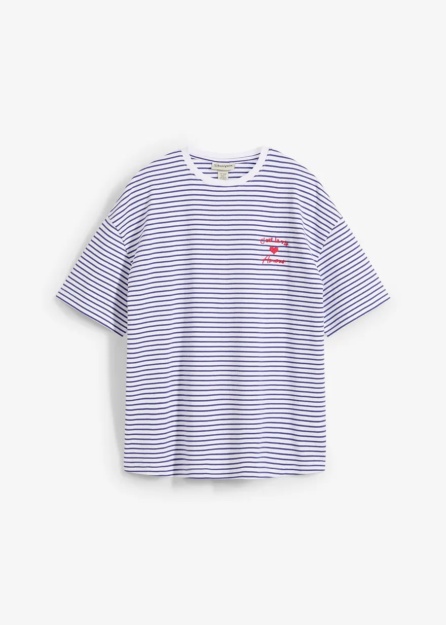 Gestreiftes T-Shirt mit Stickerei in blau von vorne - bonprix