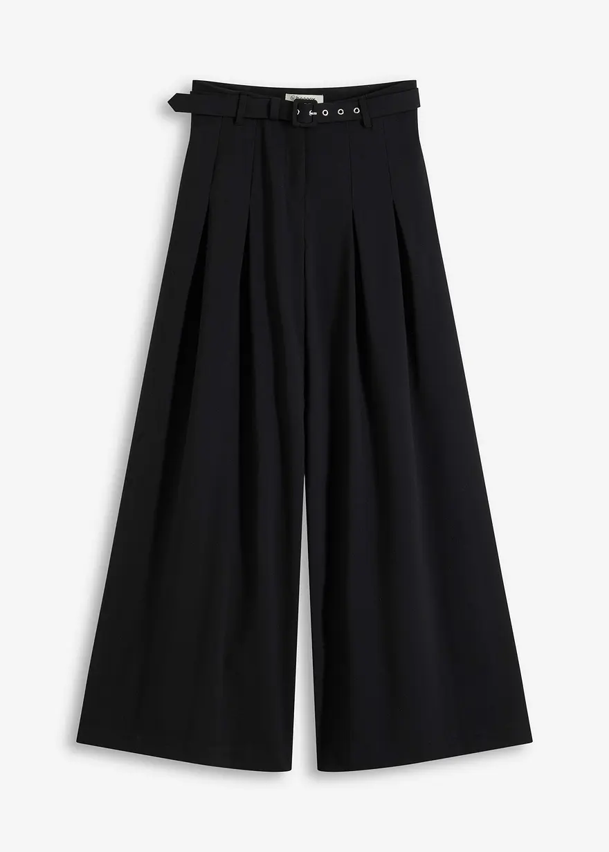 Bundfaltenhose mit Gürtel (2tlg-Set) in schwarz von vorne - bonprix