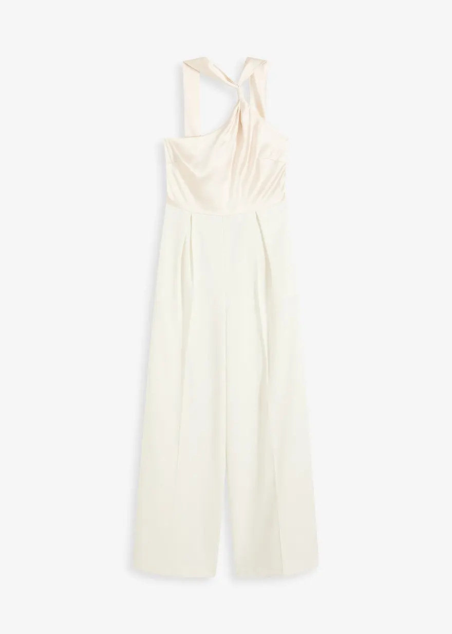 Jumpsuit aus fließendem Satin in weiß von vorne - bonprix