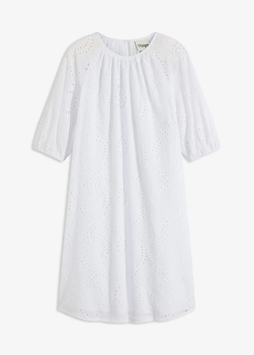 Kleid mit Lochstickerei in weiß von vorne - bonprix