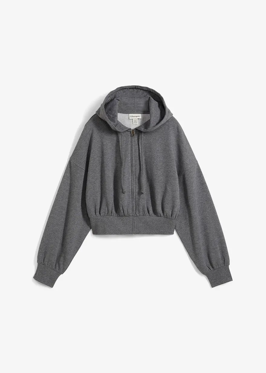 Kurze Kapuzen-Sweatjacke aus weichem Baumwoll-Mix in grau von vorne - bonprix