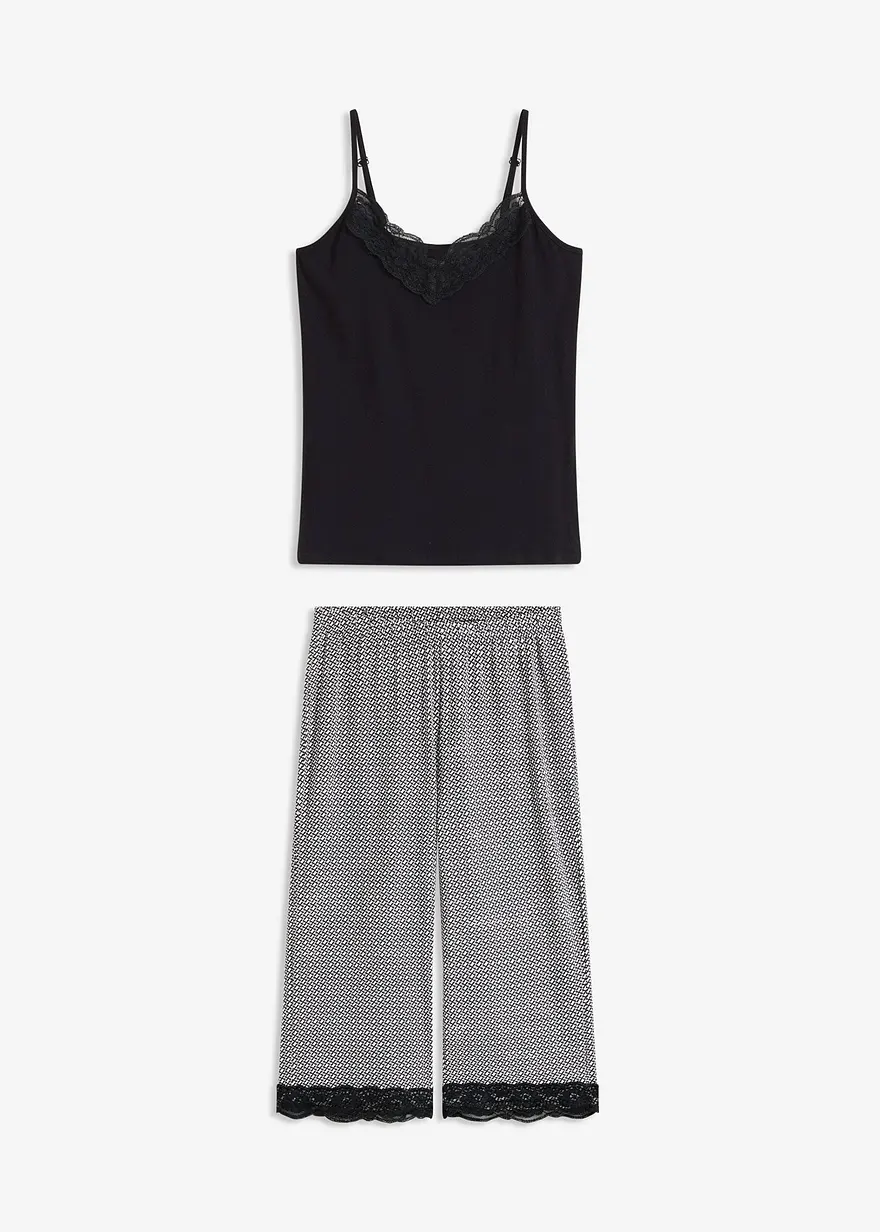 Capri Pyjama mit Spaghettiträgern in schwarz von vorne - bonprix