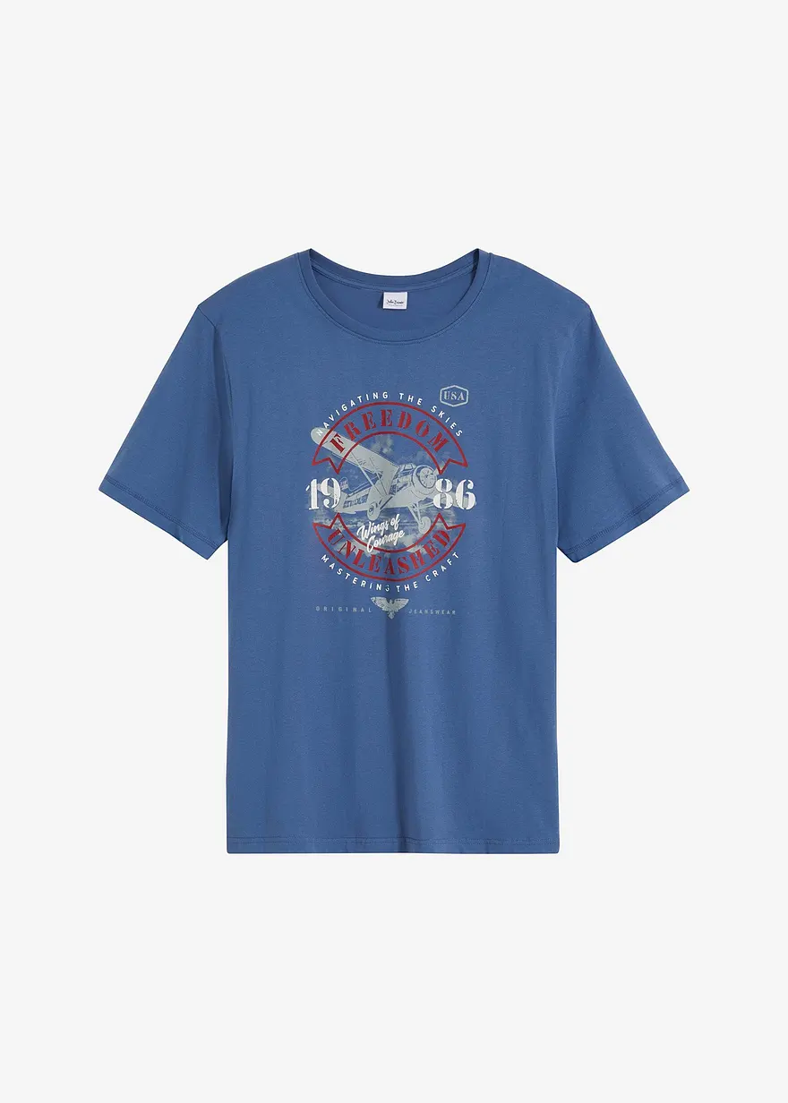 T-Shirt aus reiner Bio-Baumwolle in blau von vorne - bonprix