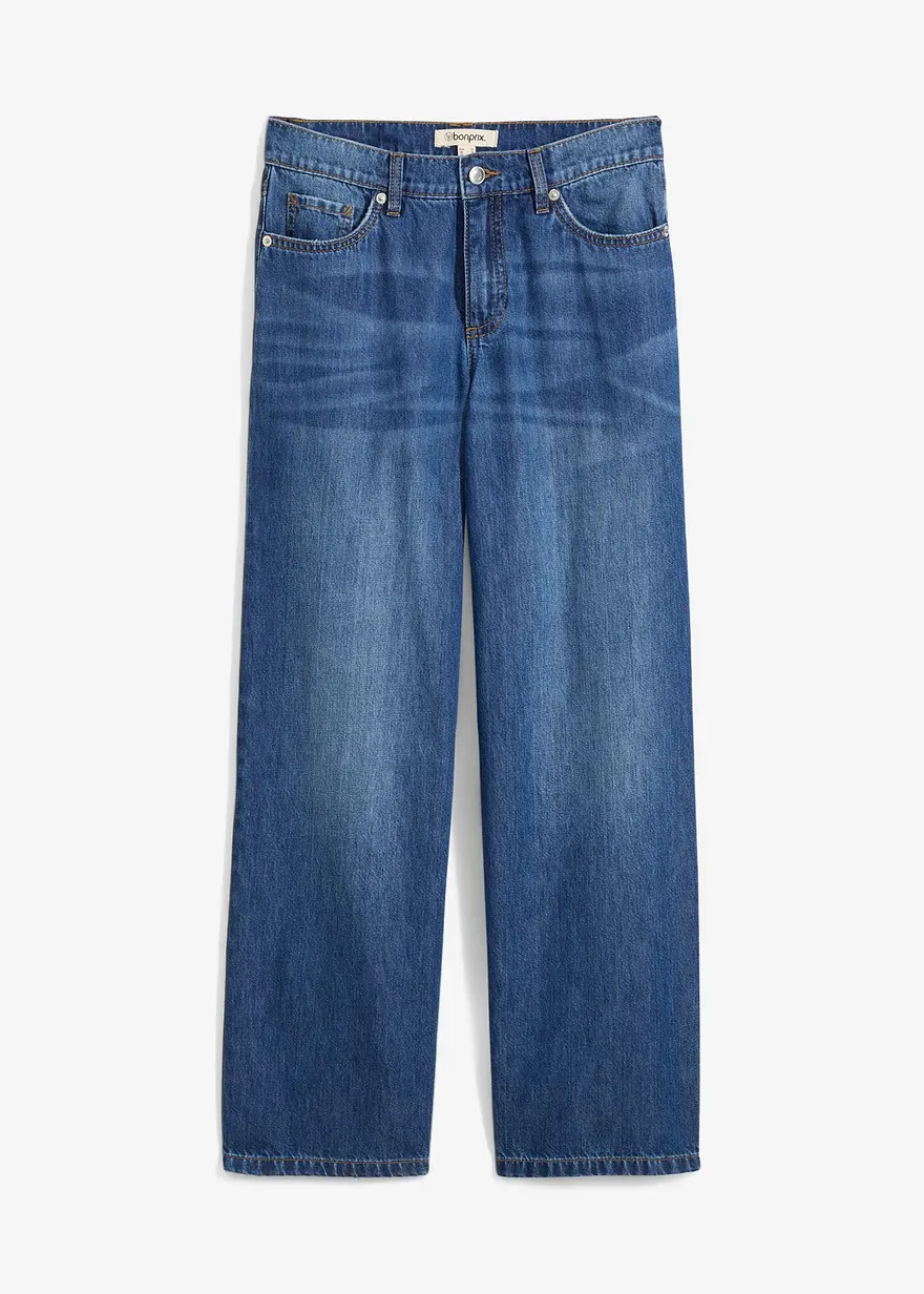 Baggy-Jeans Mid Waist Super Soft, cropped in blau von vorne - bonprix