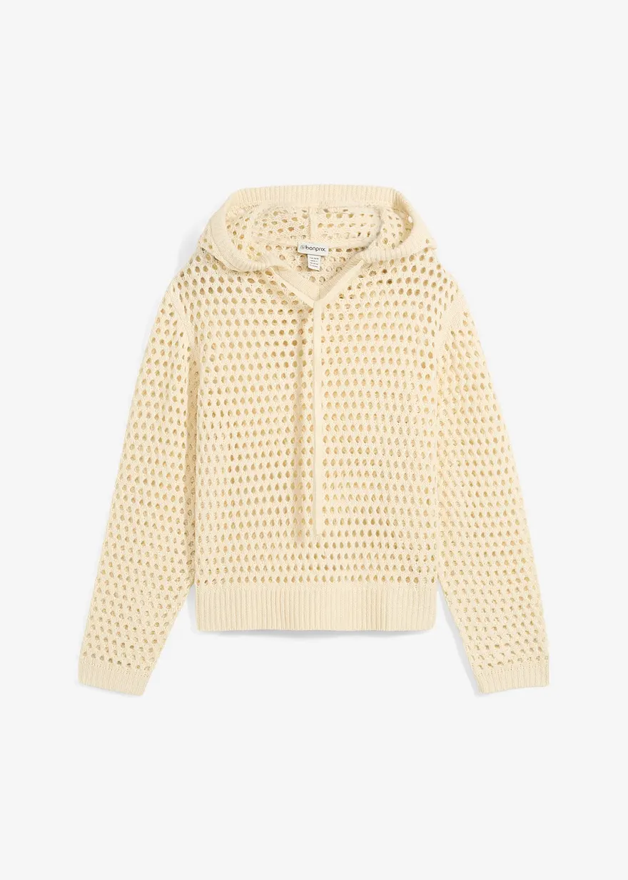 Ajour-Pullover mit Kapuze in beige von vorne - bonprix