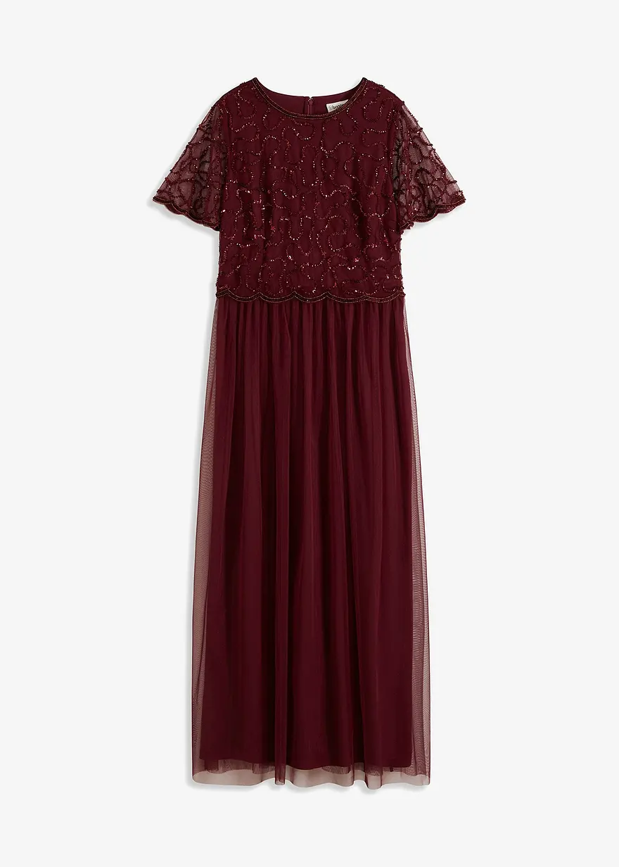Maxikleid aus feinem Tüll mit Paillettenstickerei in rot von vorne - bonprix
