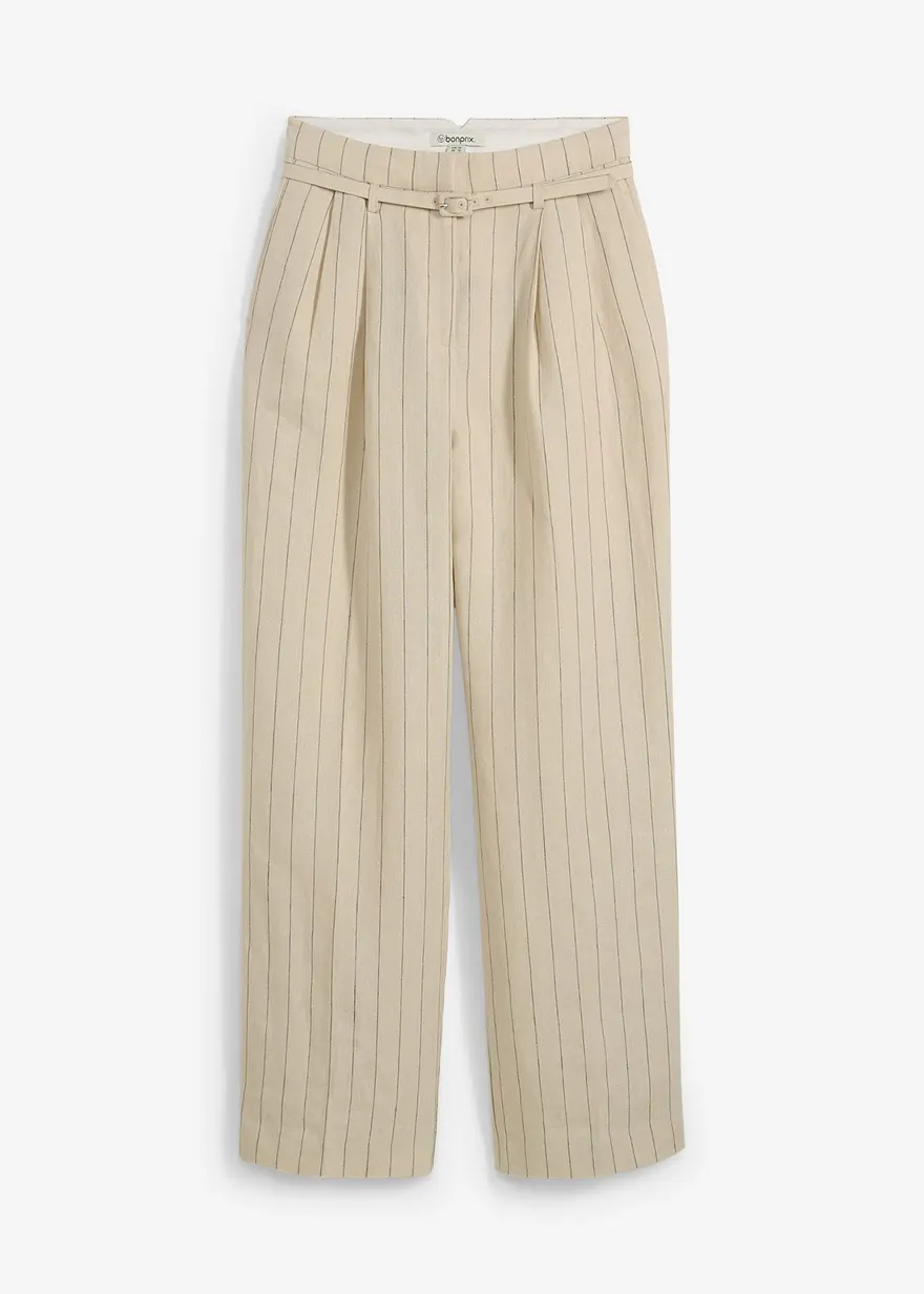 Hose mit Gürtel (2-tlg.Set) aus reinem Leinen in beige von vorne - bonprix