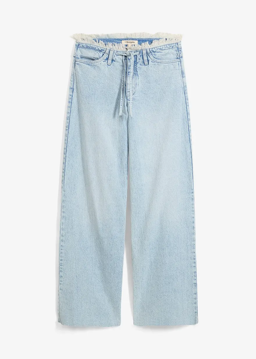 Wide-Leg-Jeans, Mid Waist, Low Stretch Fransenbund in blau von vorne - bonprix