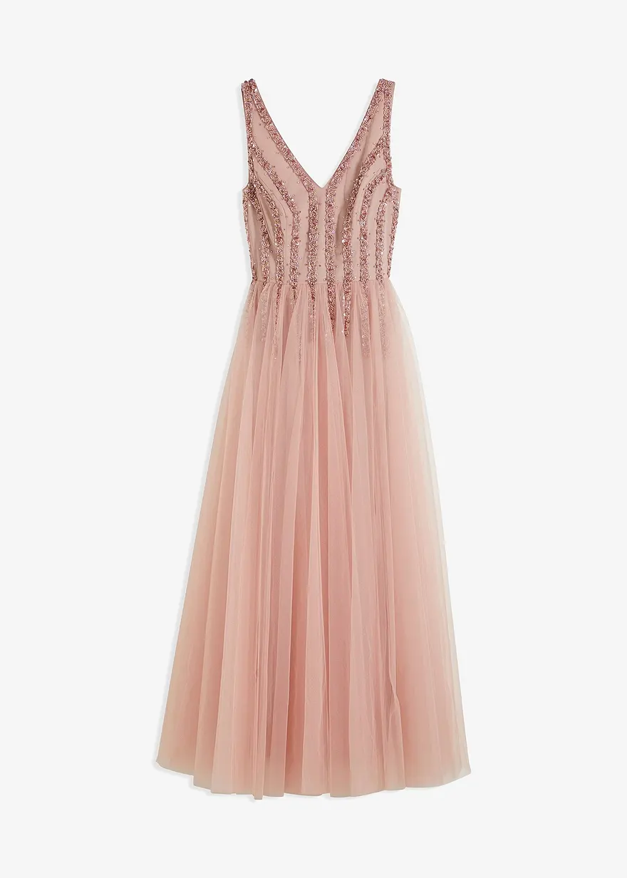 Maxikleid aus feinem Tüll mit Paillettenstickerei in rosa von vorne - bonprix