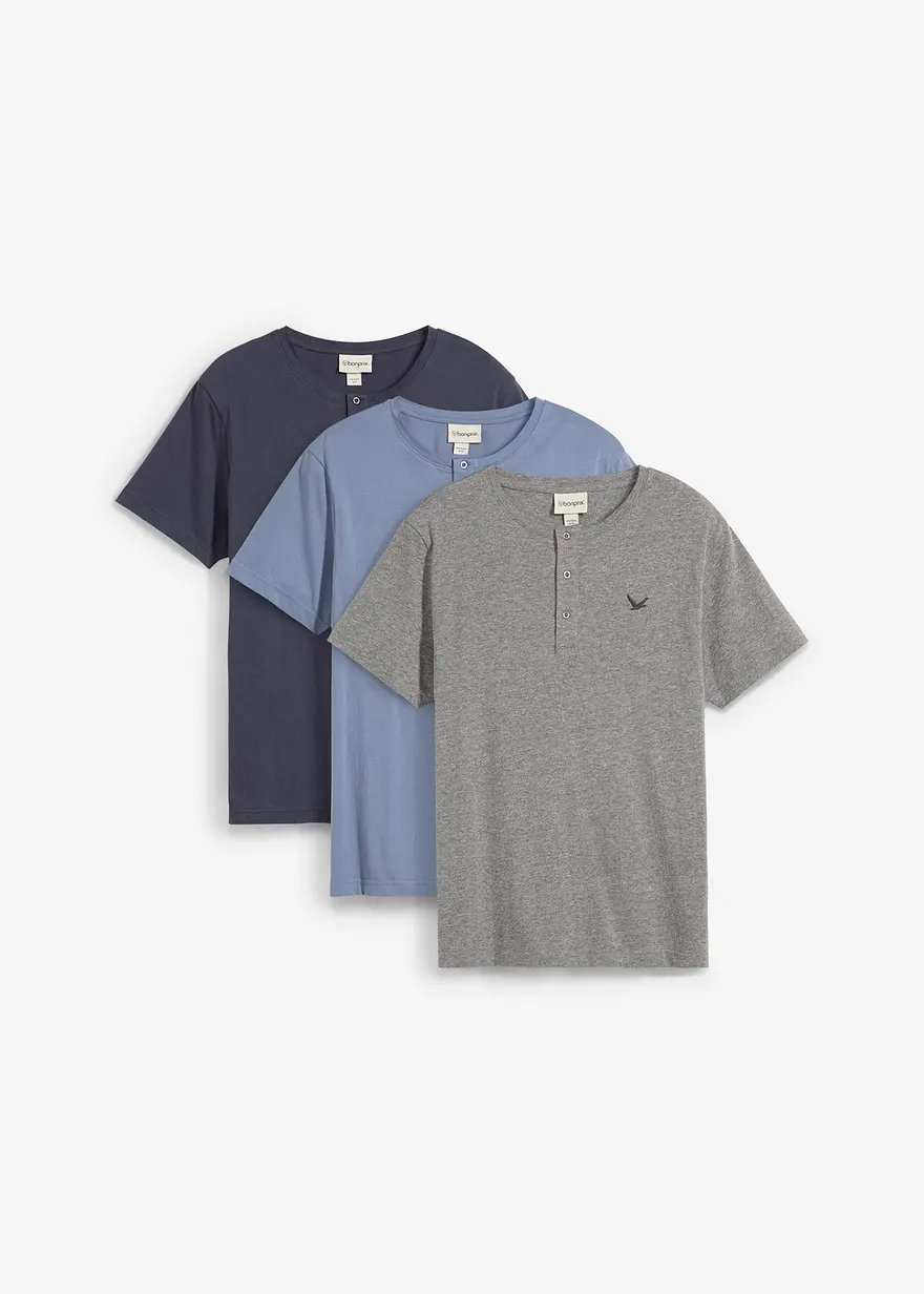 Henleyshirt (3er Pack) aus reiner Bio-Baumwolle in blau von vorne - bonprix