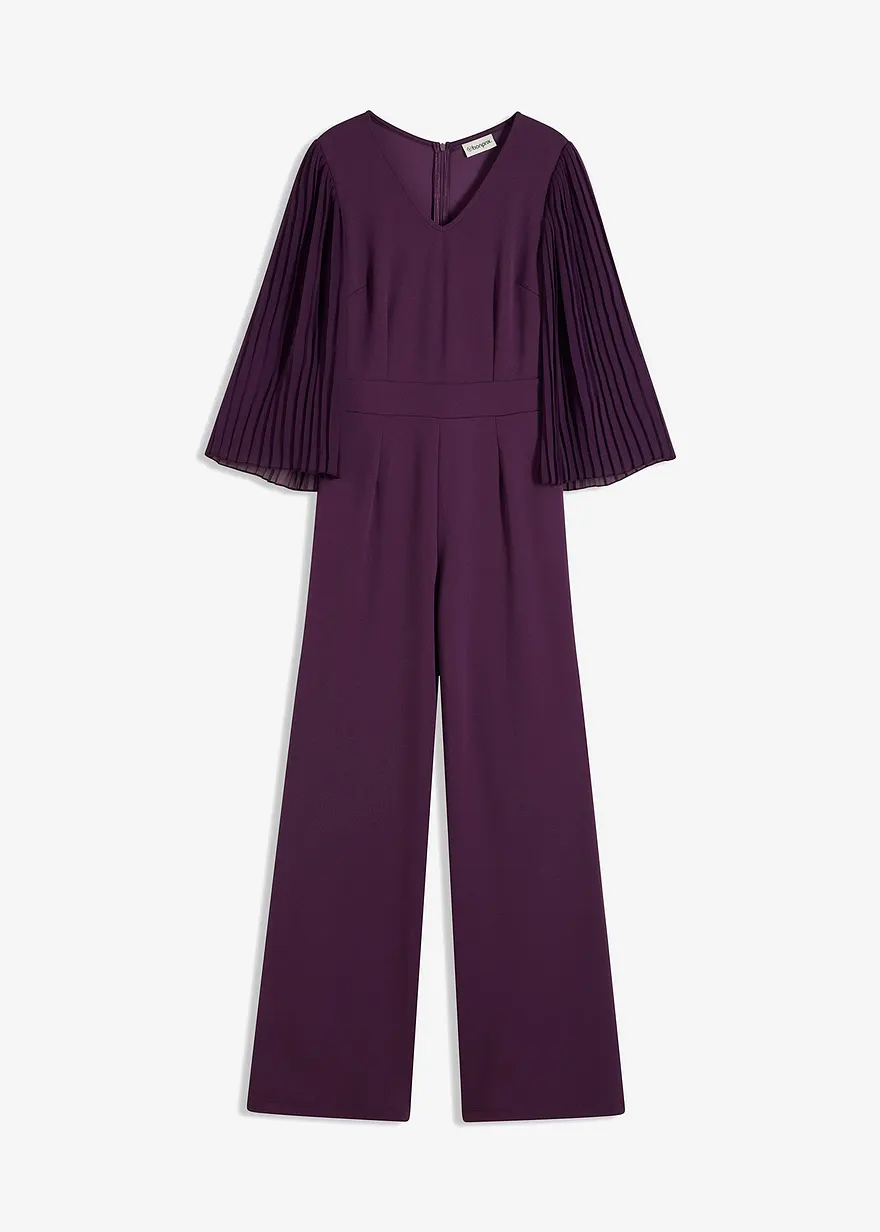 Jersey-Overall mit Plissee-Ärmel aus feinem Chiffon in lila von vorne - bonprix