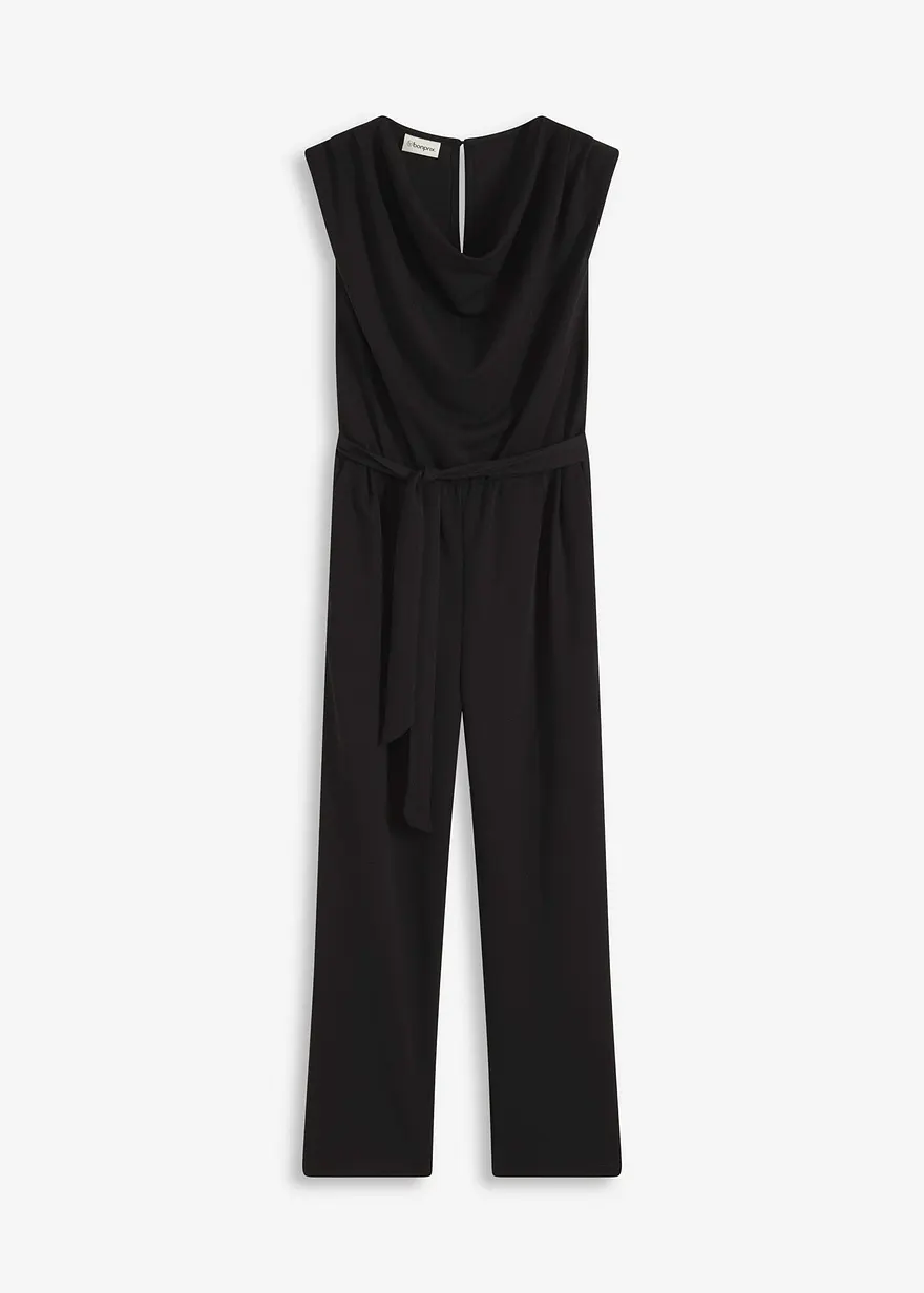 Jersey-Jumpsuit mit Schulterpolster in schwarz von vorne - bonprix