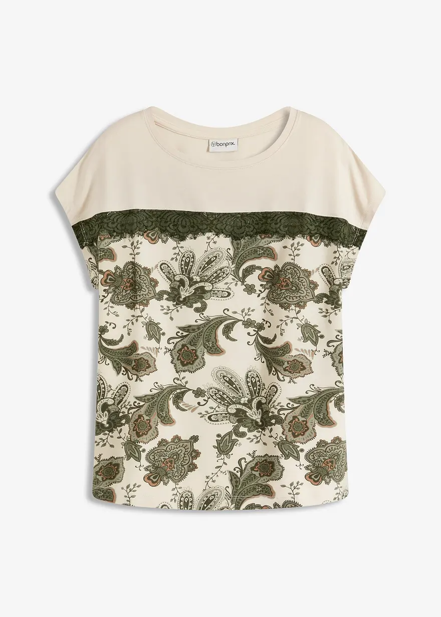 Oversize Shirt mit Spitzenband in beige von vorne - bonprix