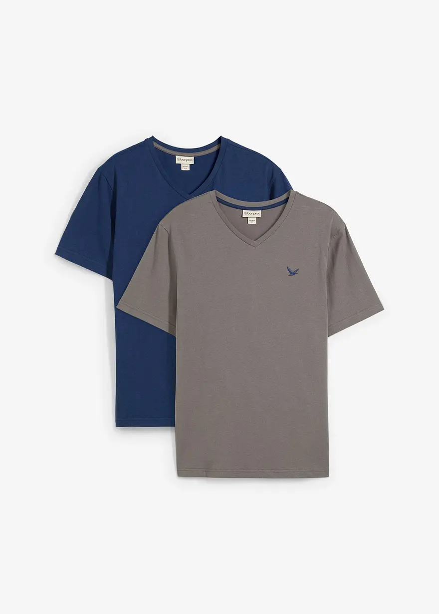 T-Shirt mit V-Ausschnitt (2er Pack) aus reiner Bio-Baumwolle in blau von vorne - bonprix