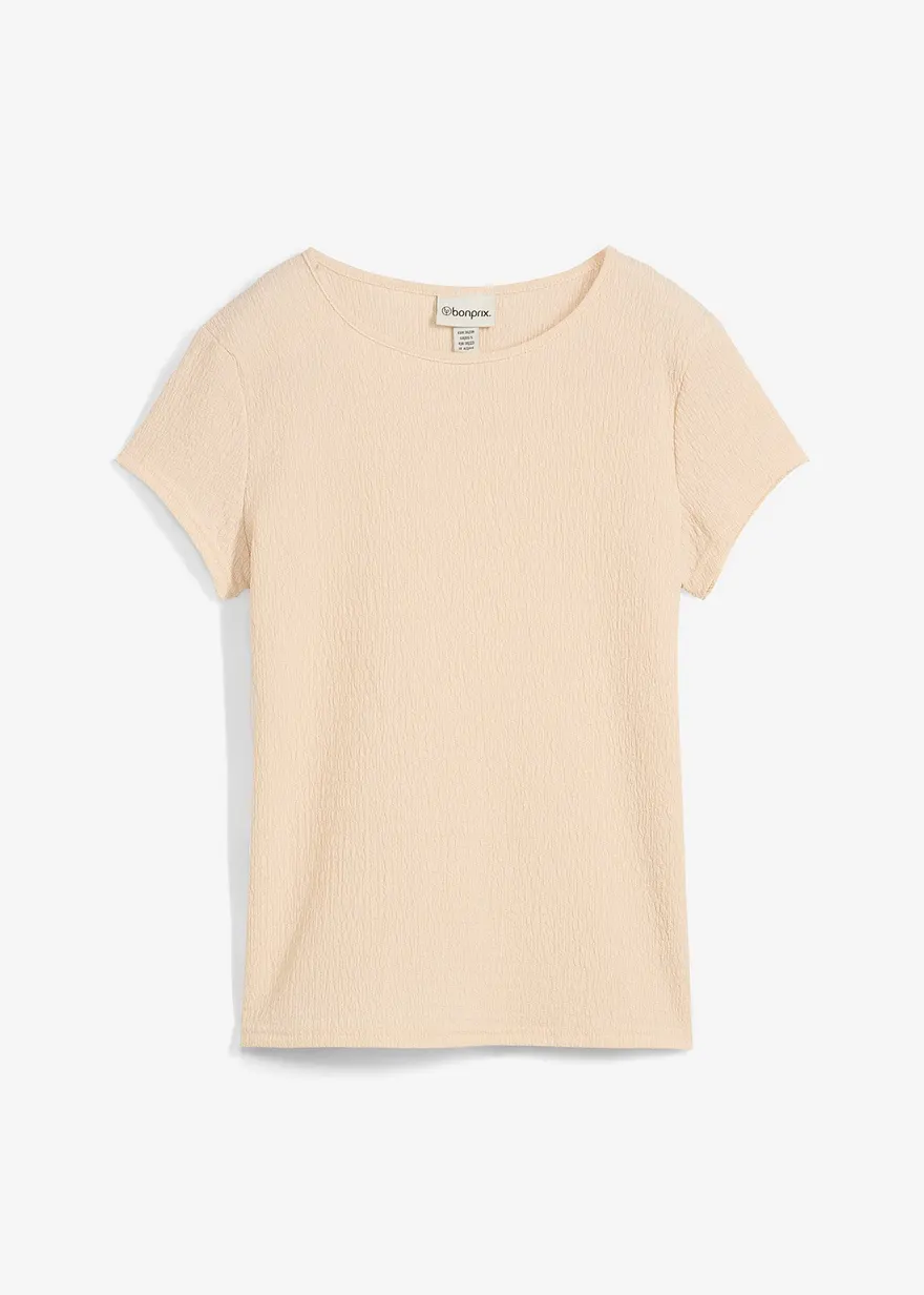 T-Shirt aus strukturiertem Crêpe in beige von vorne - bonprix