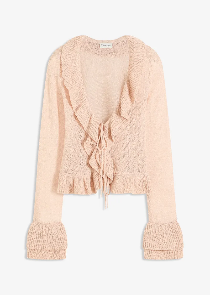 Feinstrickjacke mit Rüschen in beige von vorne - bonprix