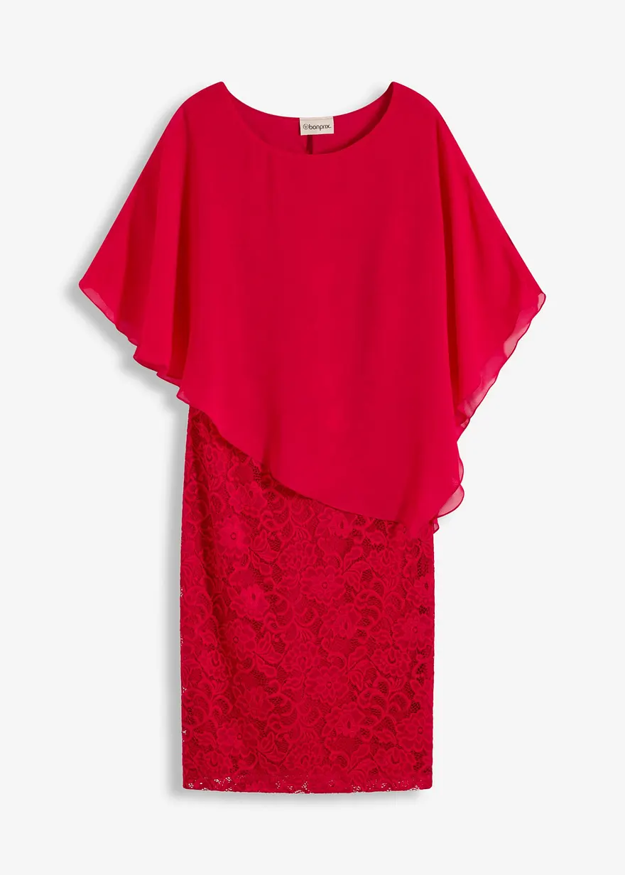 Spitzenkleid mit Überwurf aus feinem Chiffon in rot von vorne - bonprix