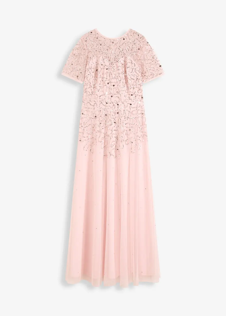 Maxikleid aus zartem Tüll mit Paillettenstickerei in rosa von vorne - bonprix