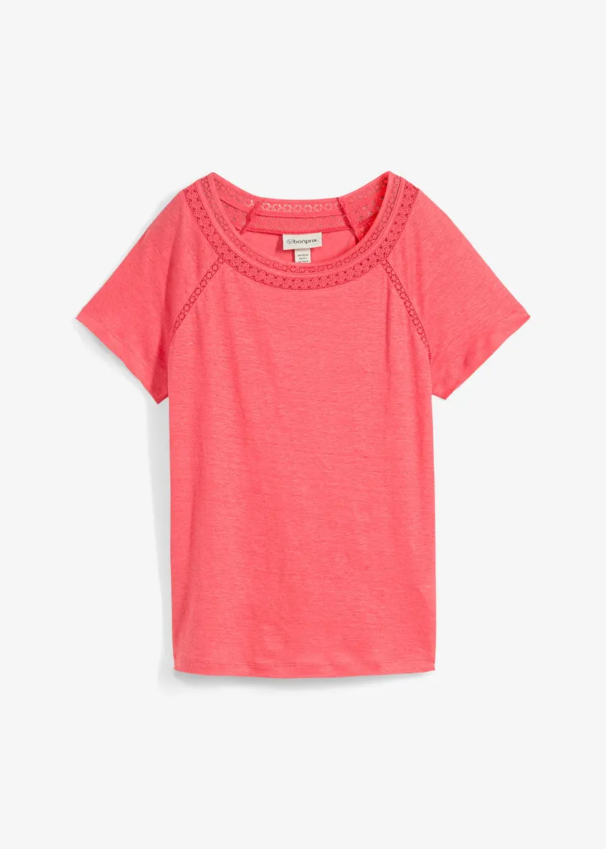 Shirt aus reinem Leinen mit Spitze in pink von vorne - bonprix
