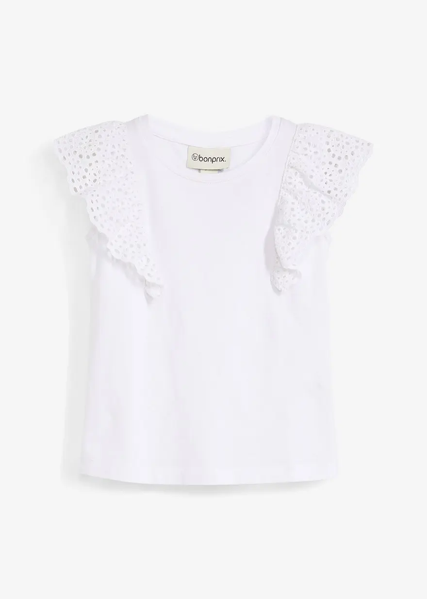T-Shirt mit Lochstickerei in weiß von vorne - bonprix
