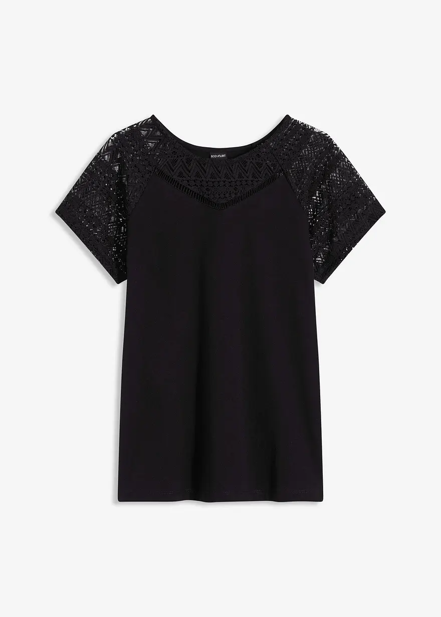 Shirt mit Spitze in schwarz von vorne - bonprix