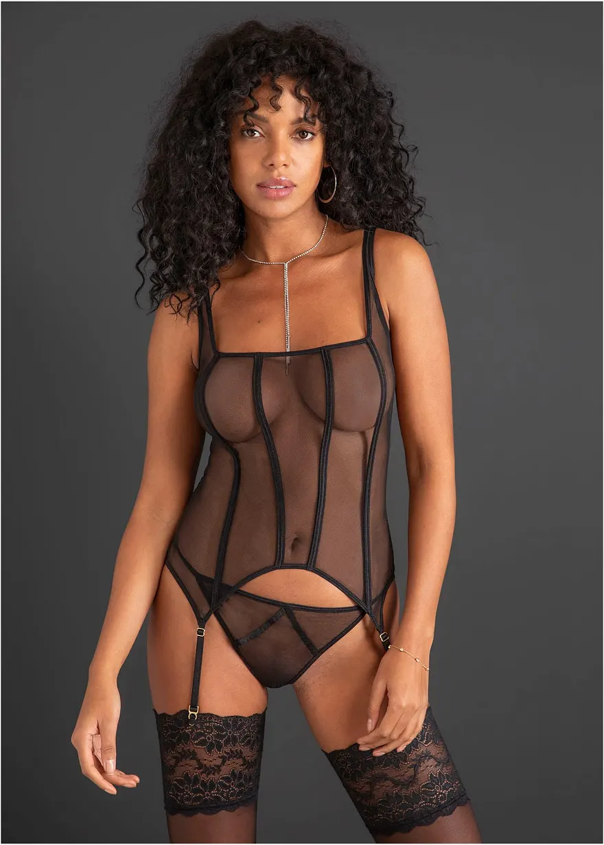 Corsage mit Strapshalter und String (2-tlg.Set) in schwarz von vorne (Totalaufnahme) - VENUS