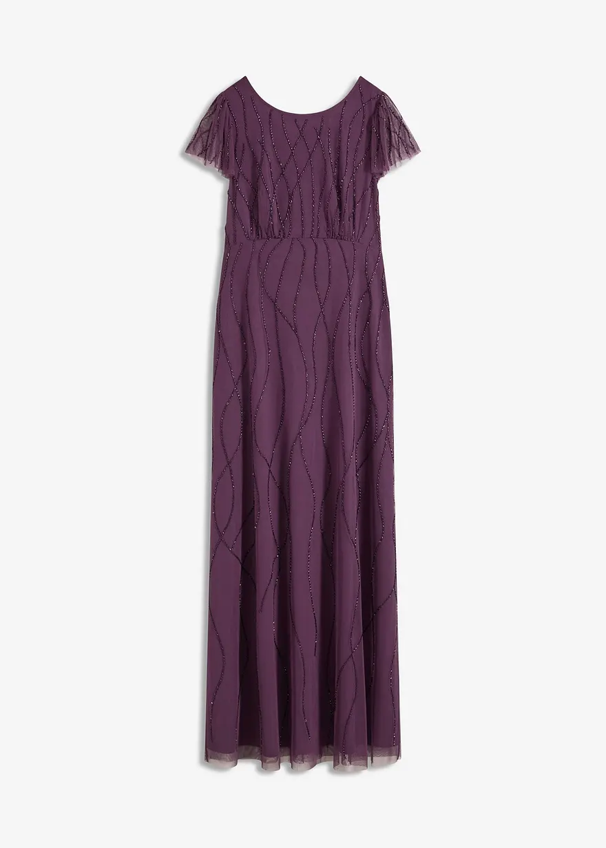 Maxikleid aus zartem Tüll mit Perlenstickerei in lila von vorne - bonprix