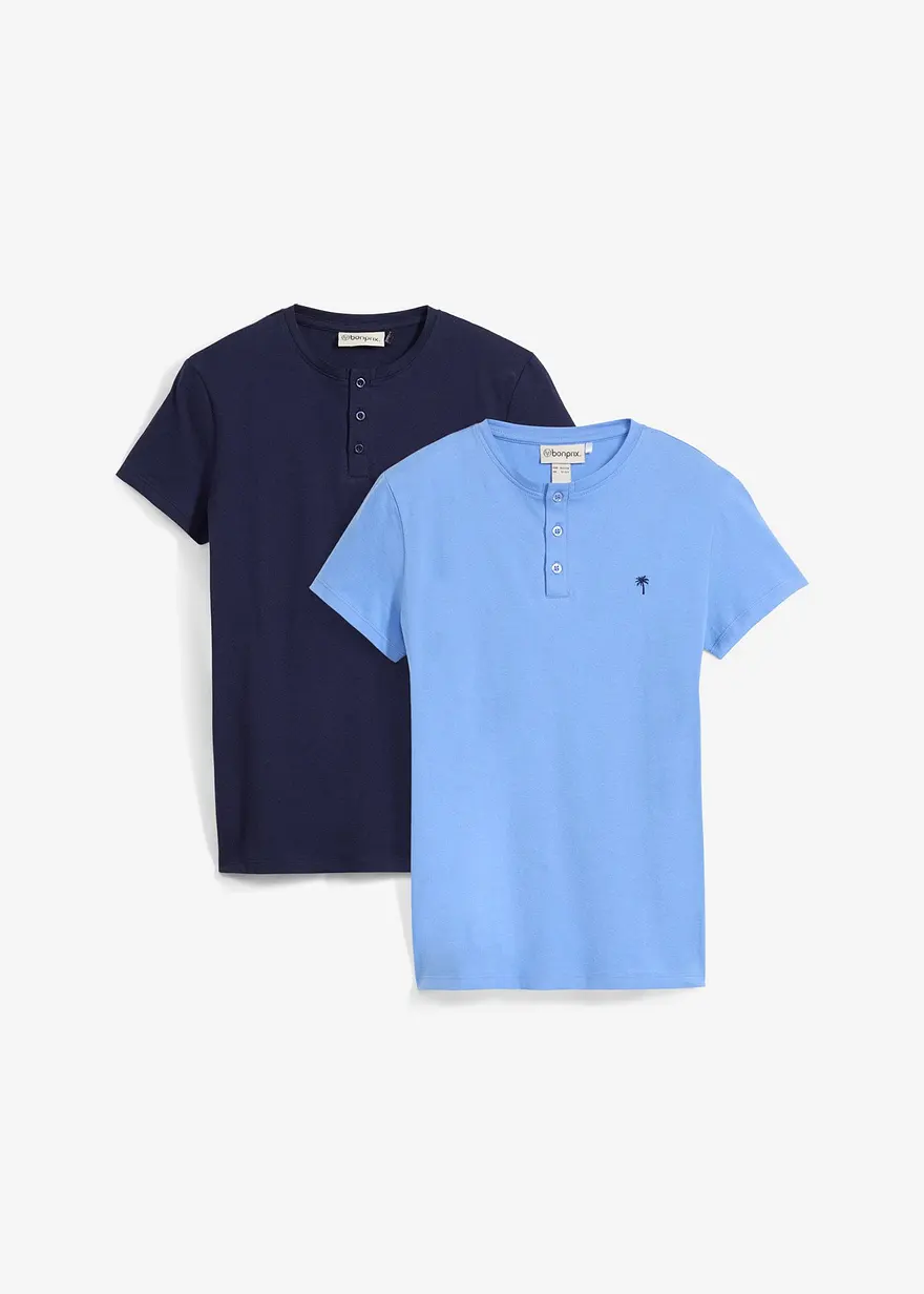 Kurzärmeliges Henleyshirt (2er Pack) aus Bio Baumwolle in blau von vorne - bonprix