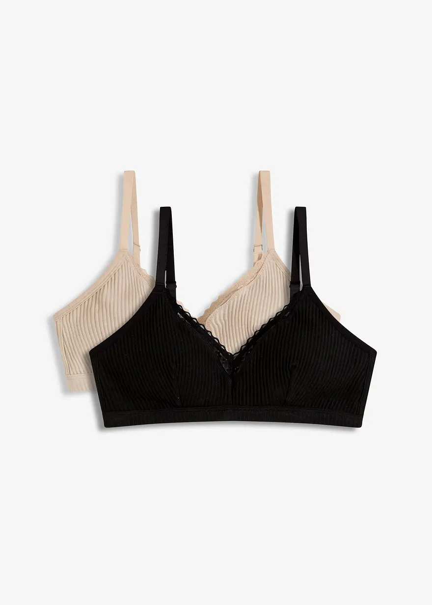 Gepolstertes Bralette ohne Bügel mit Bio-Baumwolle (2er Pack) in schwarz von vorne - bonprix