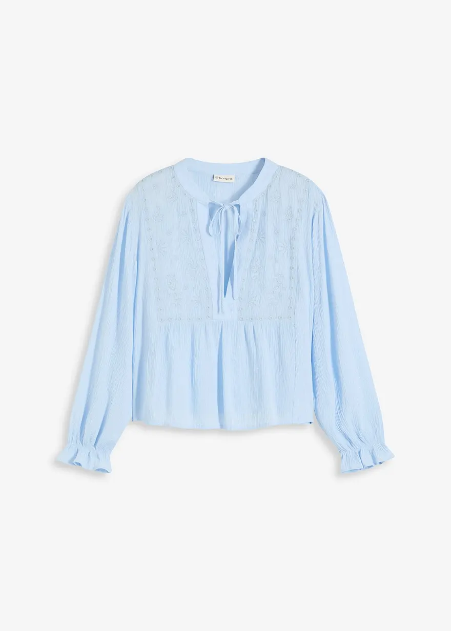 Bluse mit Lochstickerei in blau von vorne - bonprix
