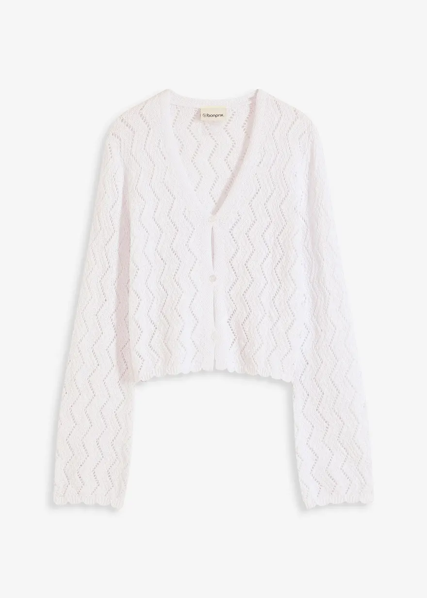 Kurze Strickjacke in Häkeloptik in weiß von vorne - bonprix