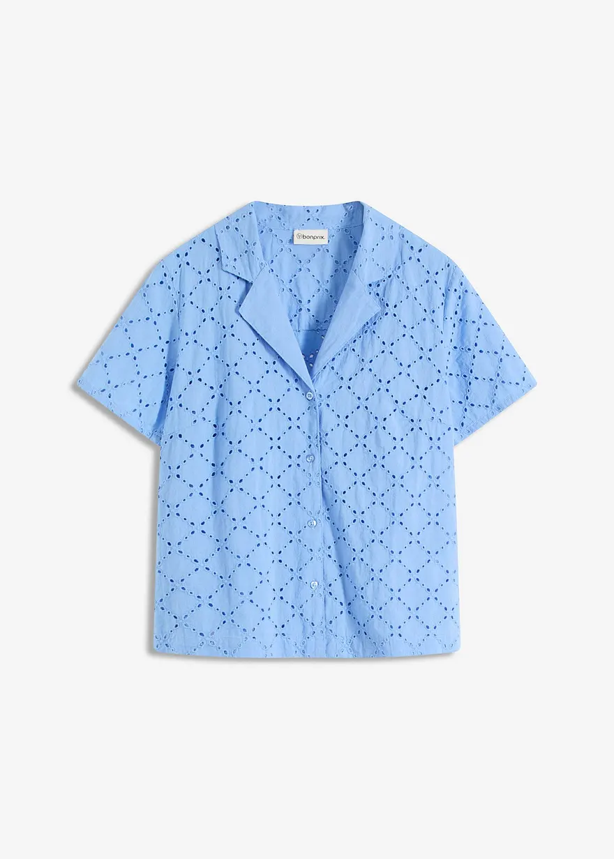 Modische Lochstickerei-Bluse in blau von vorne - bonprix