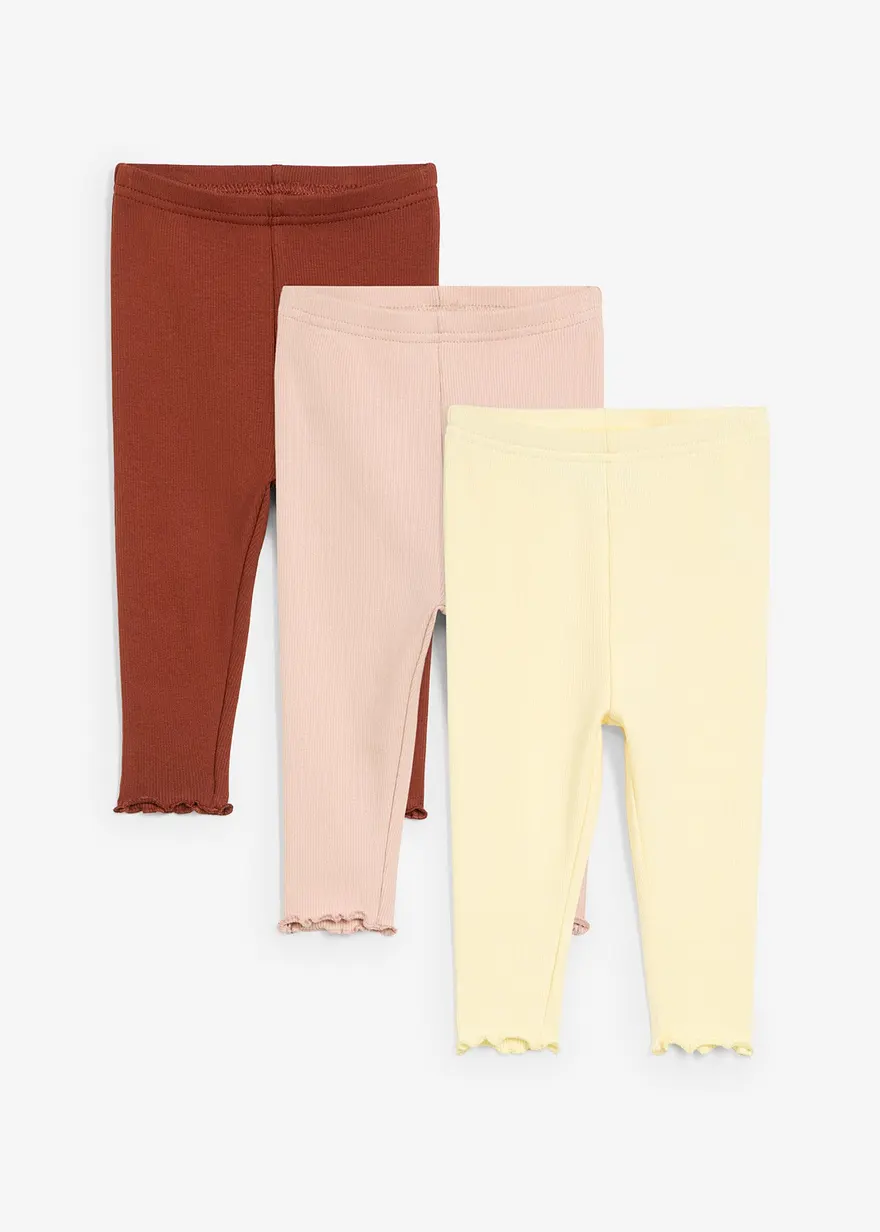 Gerippte Leggings aus Bio-Baumwolle mit Volants (3er Pack) in gelb von vorne - bonprix