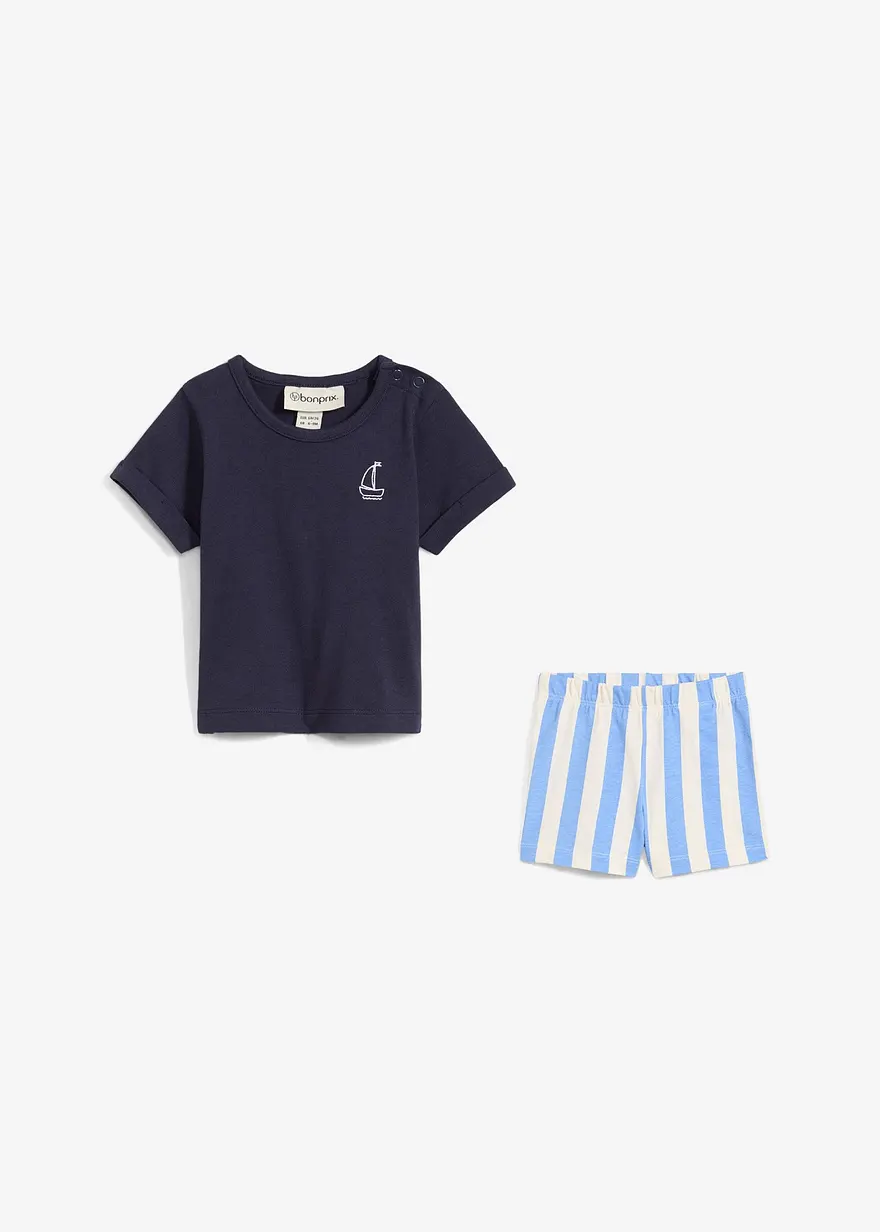 Shirt und kurze Hose aus reiner Bio-Baumwolle (2-tlg.Set) in blau von vorne - bonprix