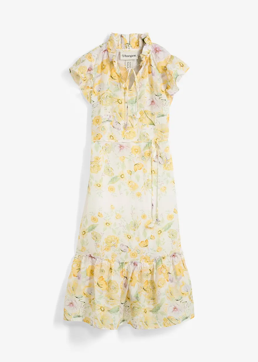 Maxikleid aus Ramie und zartem Blütendruck in gelb von vorne - bonprix
