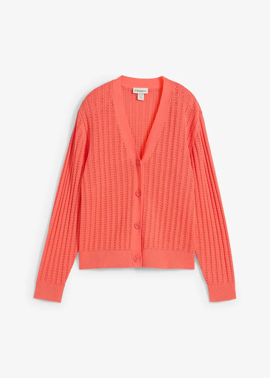 Ajour-Strickjacke mit Leinenanteil in pink von vorne - bonprix