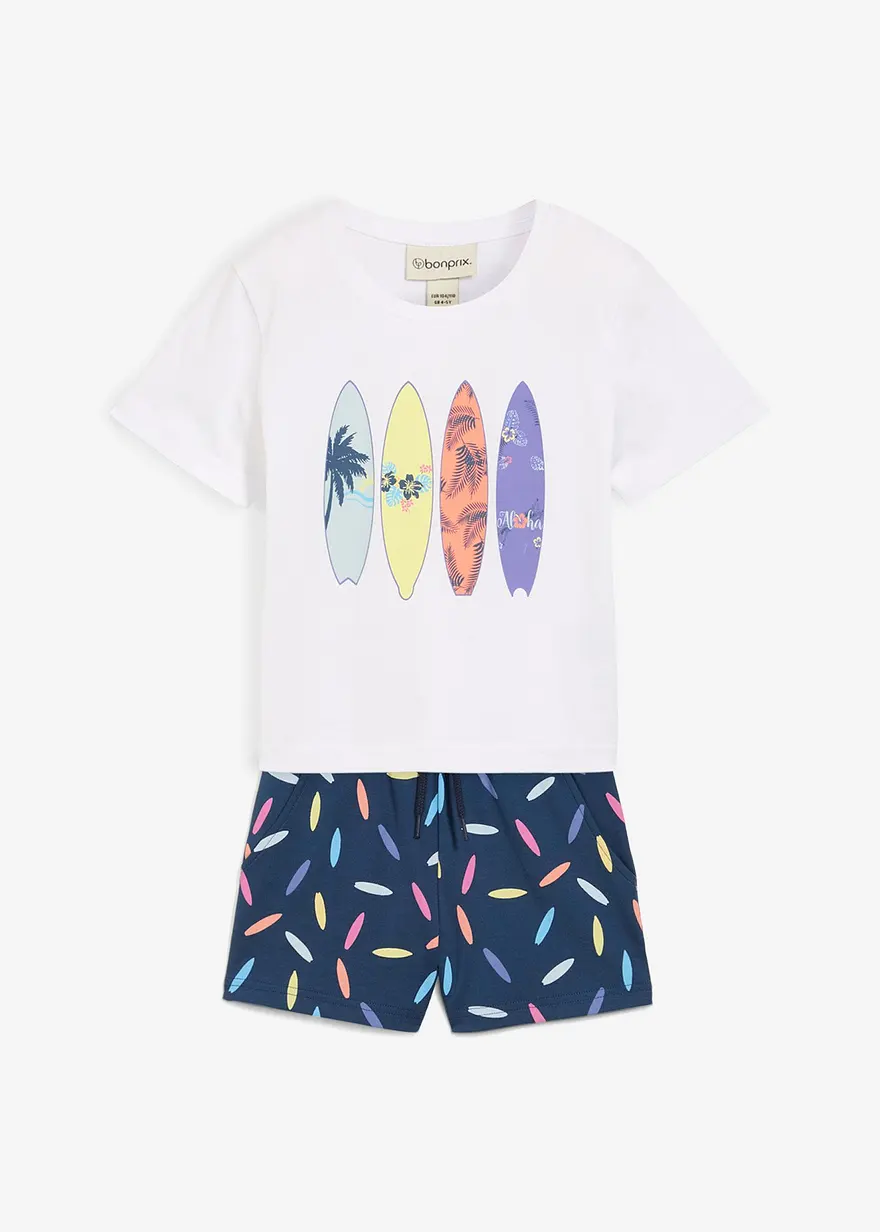 T-Shirt und kurze Hose aus reiner Baumwolle (2-tlg.Set) in weiß von vorne - bonprix