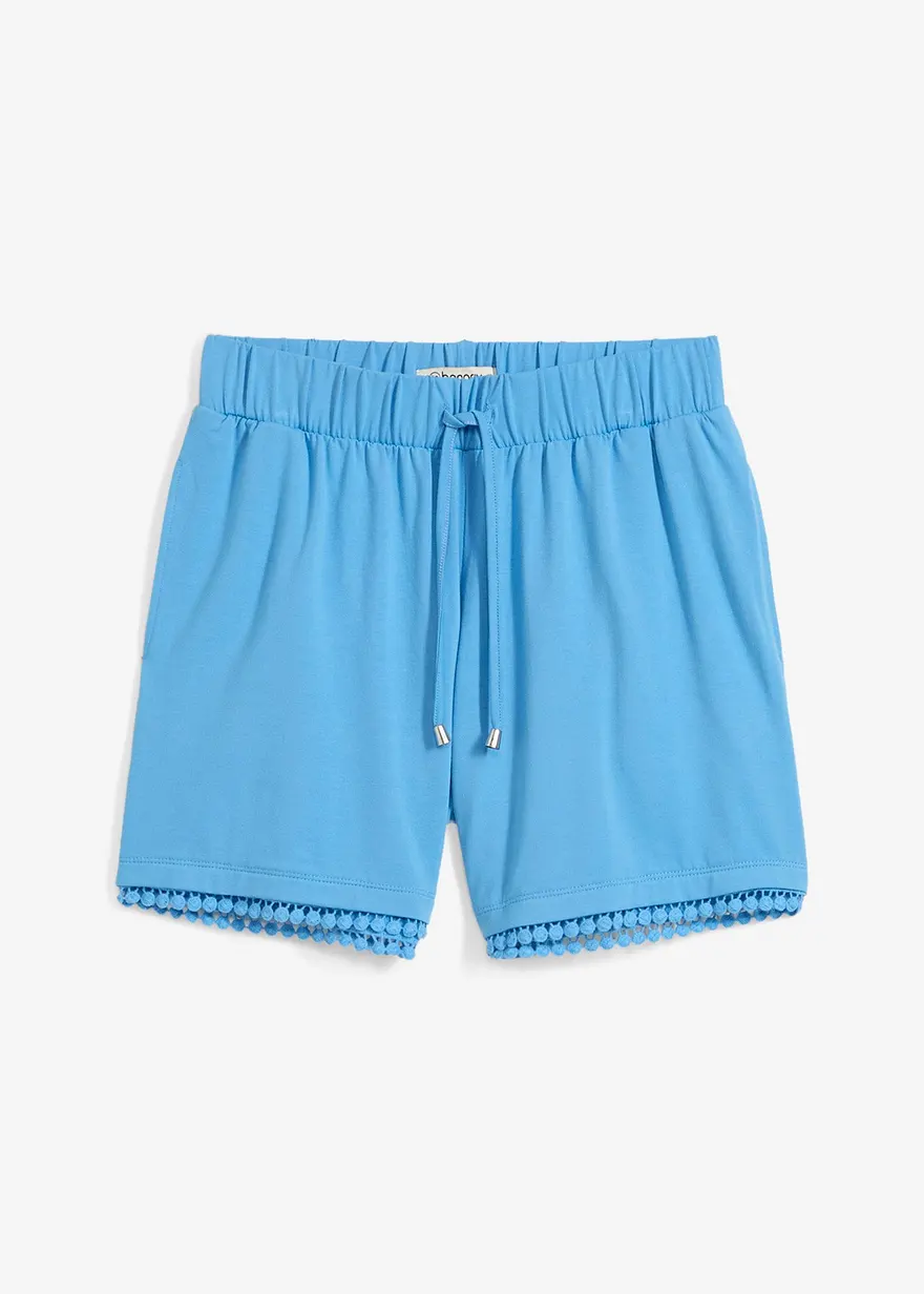 Jerseyshorts mit Bequembund und Spitze aus Viskose-Mix in blau von vorne - bonprix