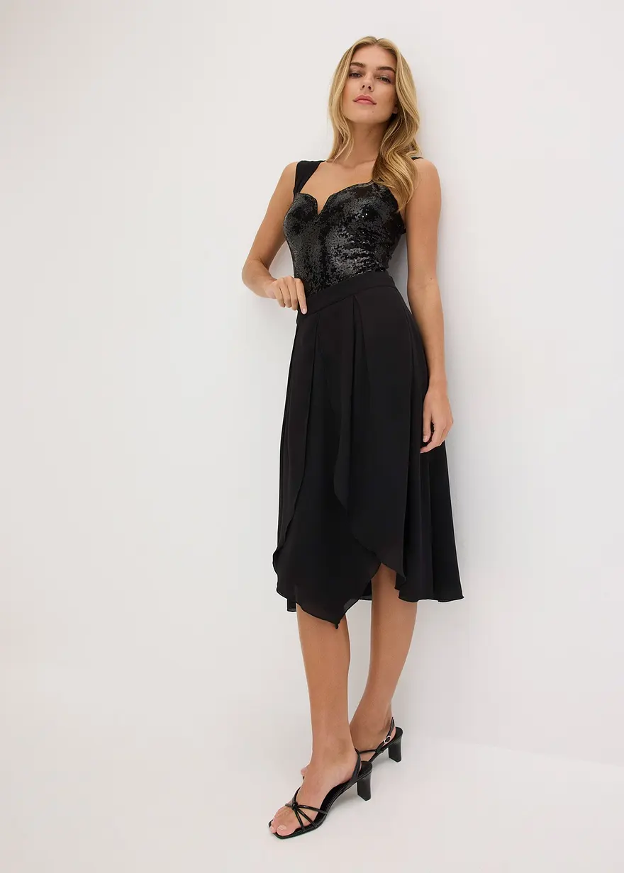 Midirock mit Ruffle und Chiffon in schwarz im Look von vorne (Totalaufnahme) - bonprix