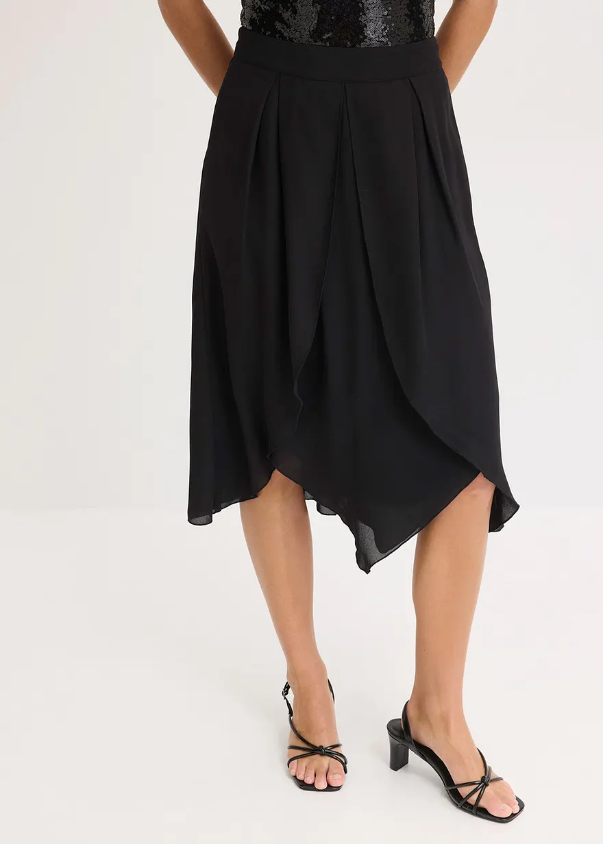 Midirock mit Ruffle und Chiffon in schwarz von vorne - bonprix