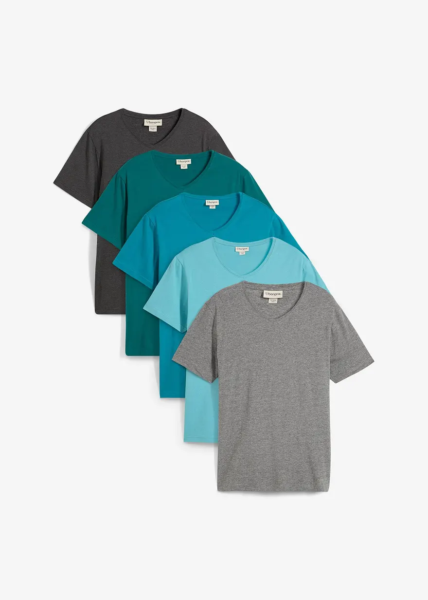 T-Shirt mit V-Ausschnitt (5er Pack) in grün von vorne - bonprix