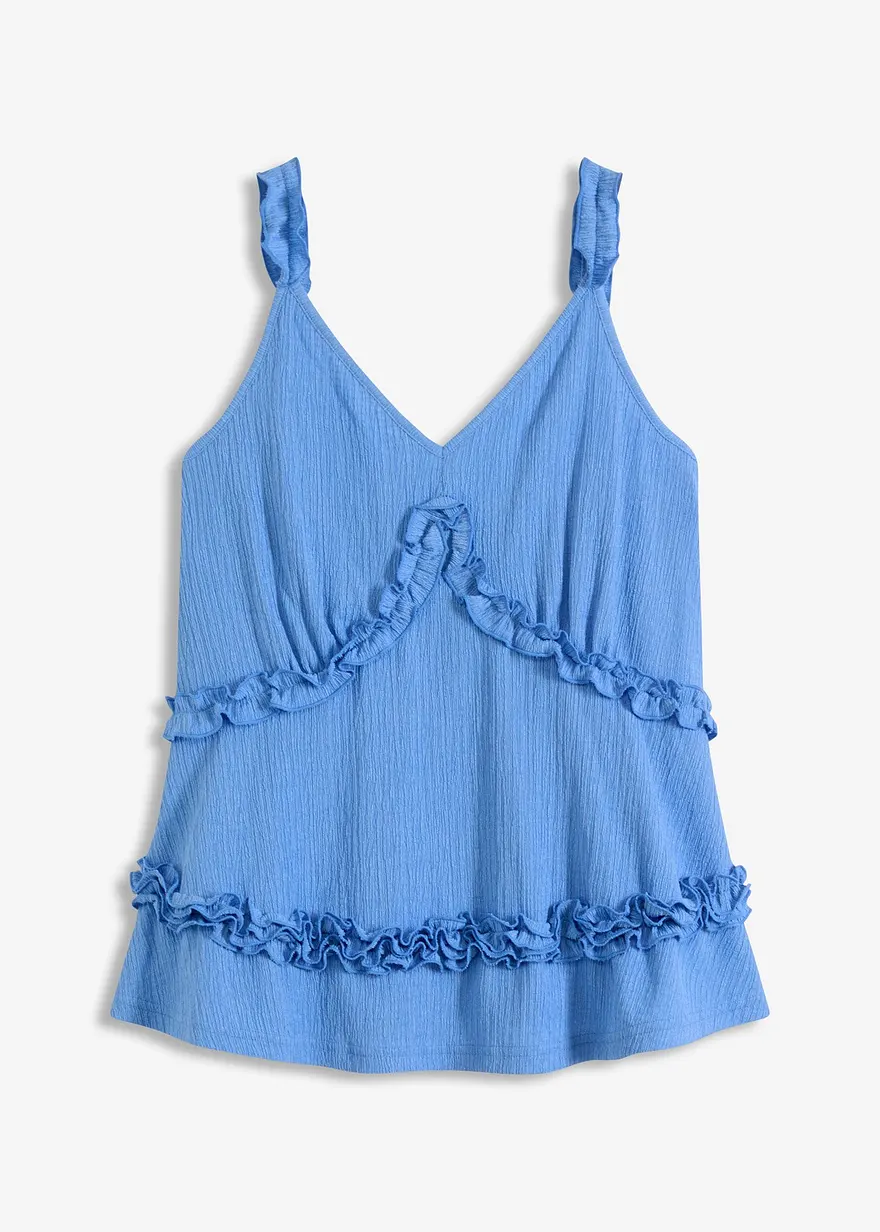 Spaghettiträger-Top mit Rüschen in blau von vorne - bonprix
