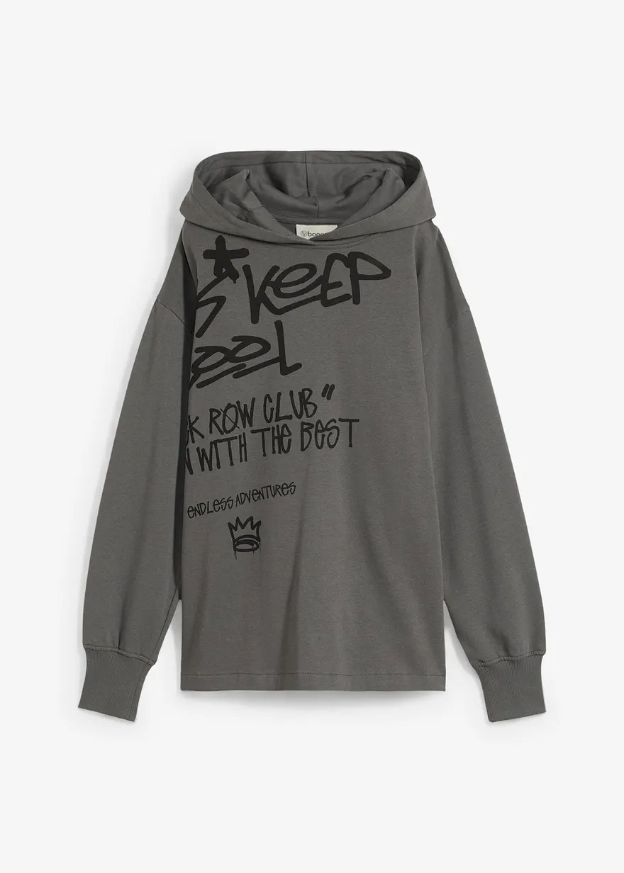 Hoodie mit Graffiti-Print aus reiner Bio-Baumwolle in grau von vorne - bonprix