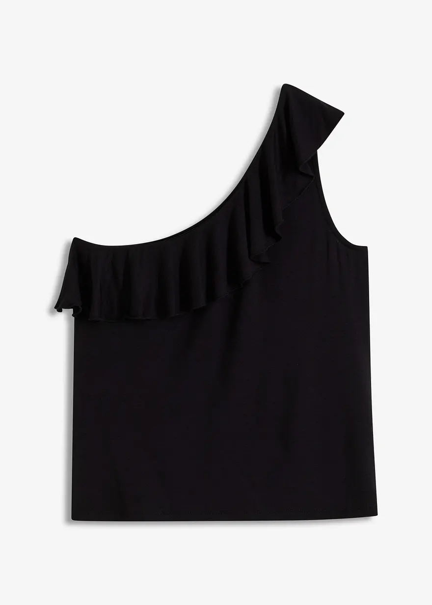 One-Shoulder-Top mit Volant aus softem Viskose-Mix in schwarz von vorne - bonprix