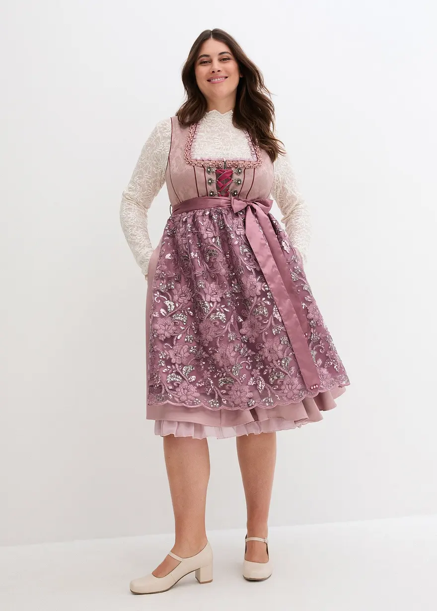 Dirndl mit Pailletten-Schürze (Rosenholz gemustert) von Bonprix – €
