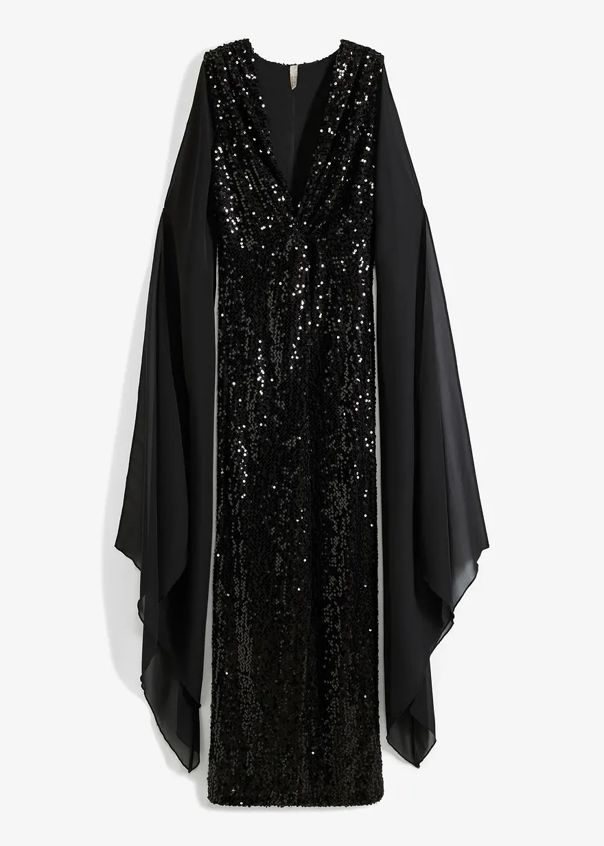 Paillettenkleid mit langen Chiffon-Ärmeln in schwarz von vorne - bonprix