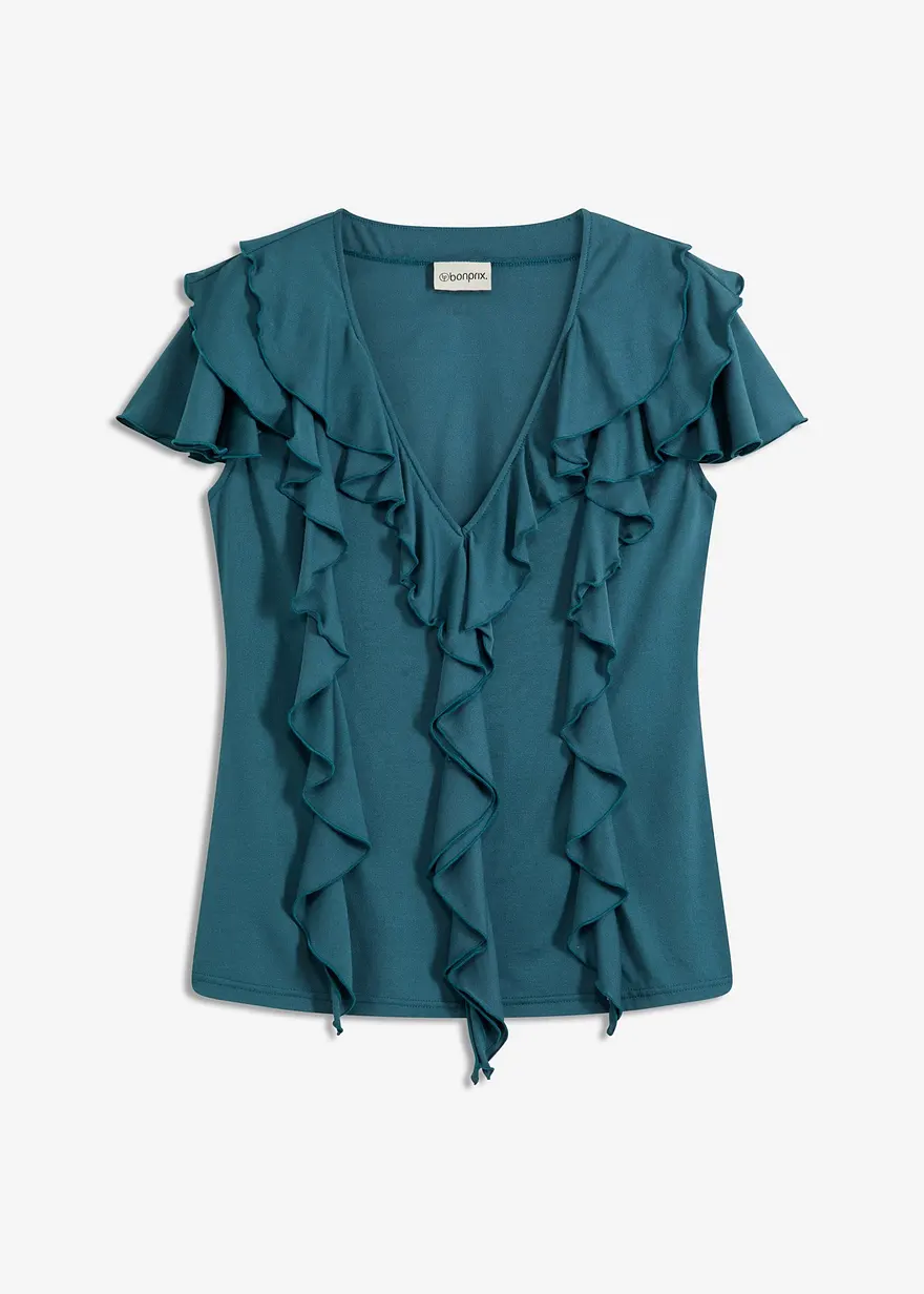 Shirt mit Volants aus softem Modal-Mix in petrol von vorne - bonprix