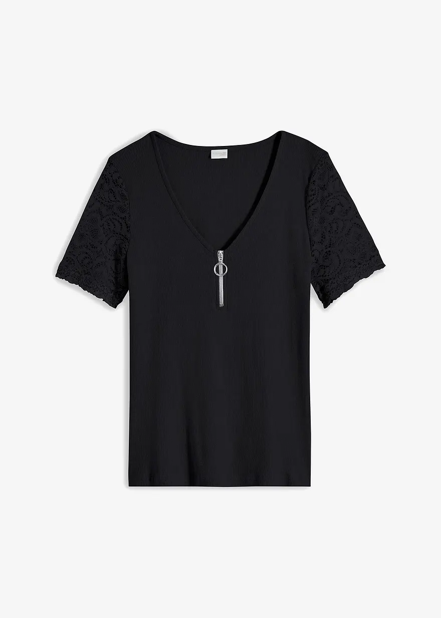 Rippshirt mit Reißverschluss in schwarz von vorne - bonprix