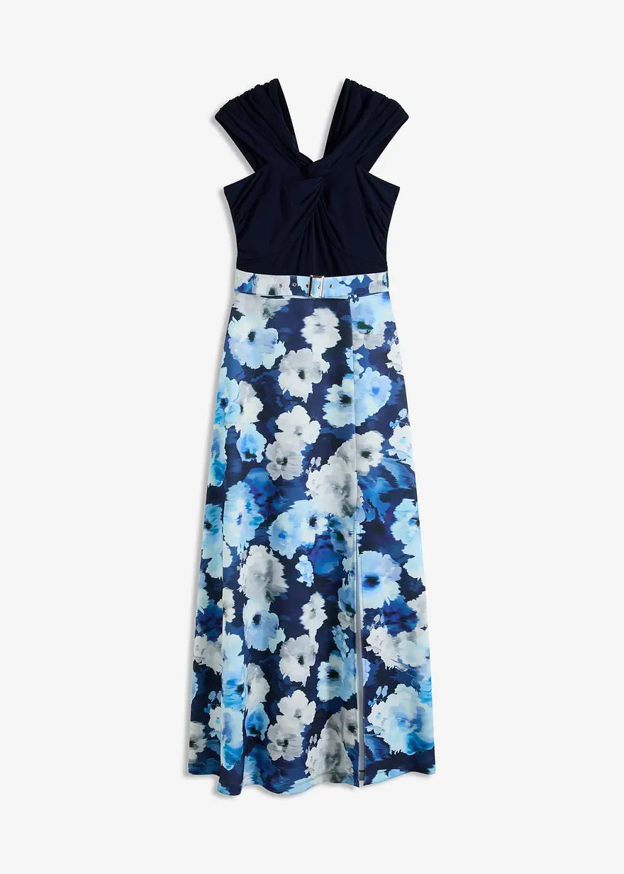 Carmen-Kleid mit Drapierung und Gürtel in blau von vorne - bonprix