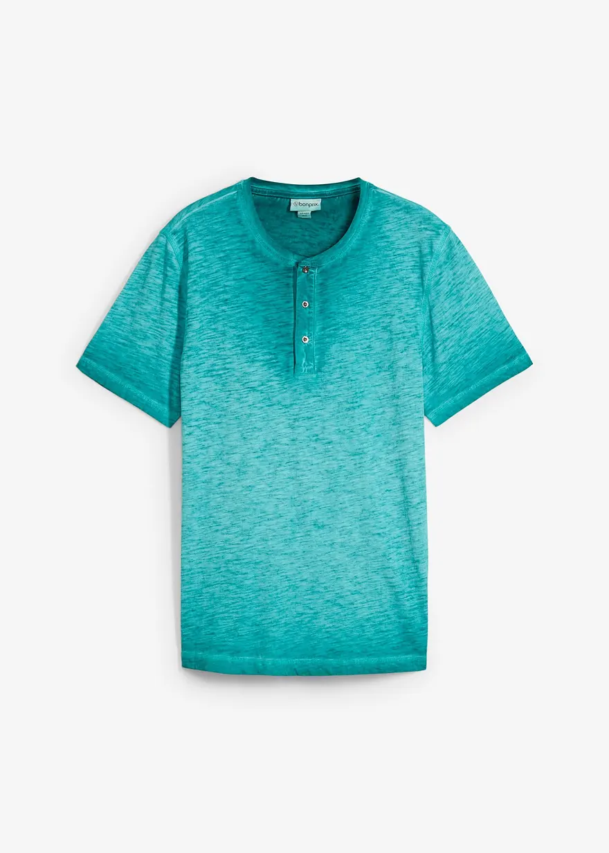 Henleyshirt, Kurzarm aus reiner Bio-Baumwolle in gewaschener Optik in grün von vorne - bonprix